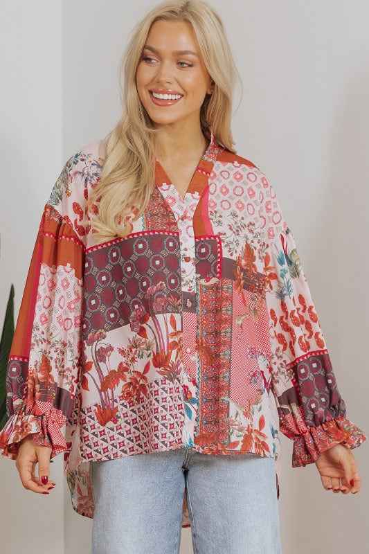 Red Boho Geometric Mixed Print Bubble Sleeve Shirt 24671836_7209b652-b6a3-4da7-94a7-982fdd0e9cd9