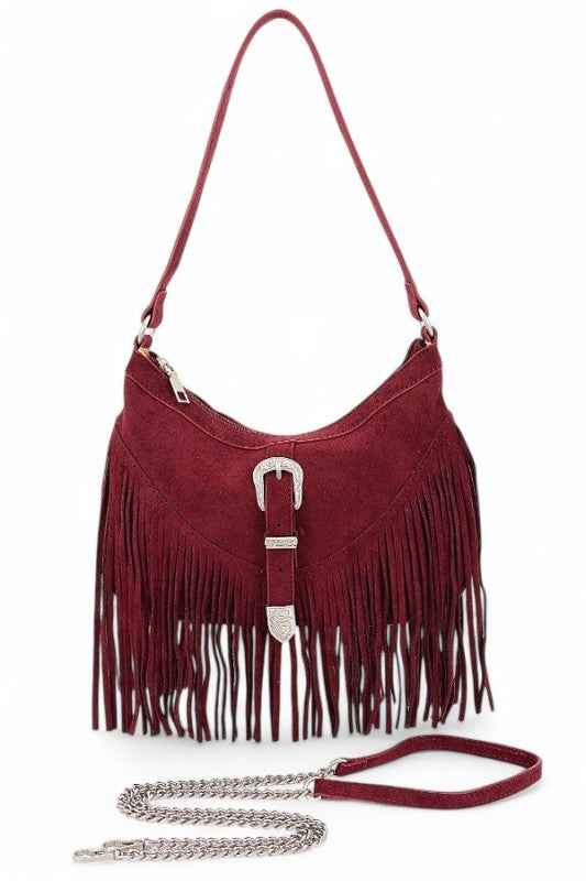 Western Buckle Faux Suede Fringe Bag Burgundy O S 24694649_5449338c-7e3f-46e0-af36-810e6e0defca