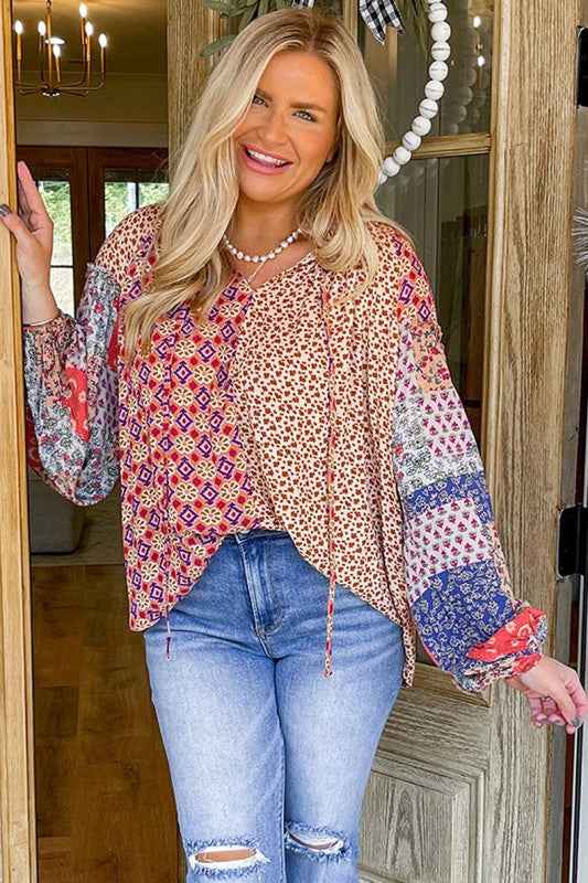 Floral Printed Long Sleeve Tied V Neck Blouse Pink 24705116_112763b7-7b04-4cd5-96f7-cfcf111c0648