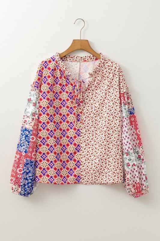 Floral Printed Long Sleeve Tied V Neck Blouse 24705116_e82fbf24-7150-4575-85d1-d0e391f41c3d