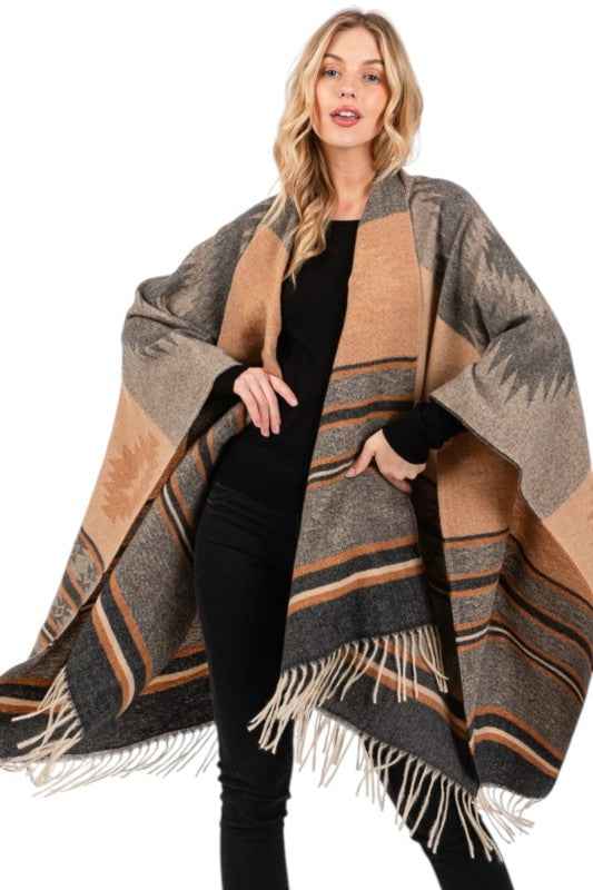 Aztec Pattern Fringe Ruana Cardigan Warp Scarf