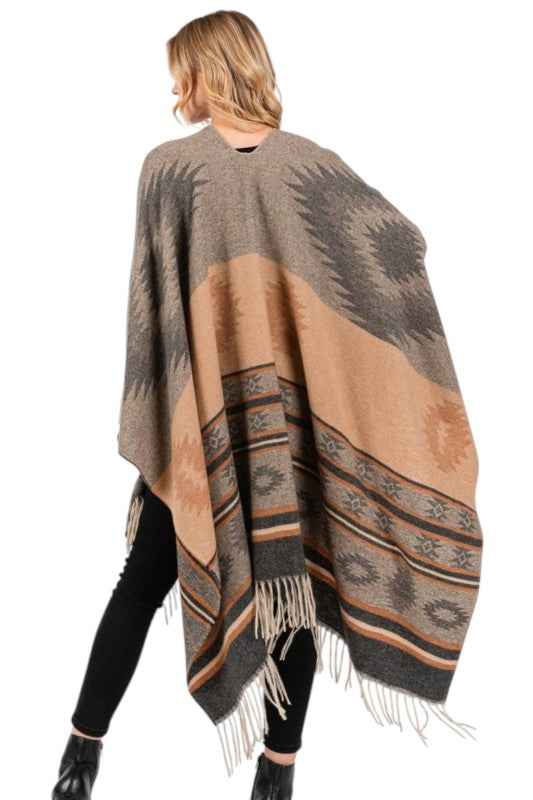 Aztec Pattern Fringe Ruana Cardigan Warp Scarf