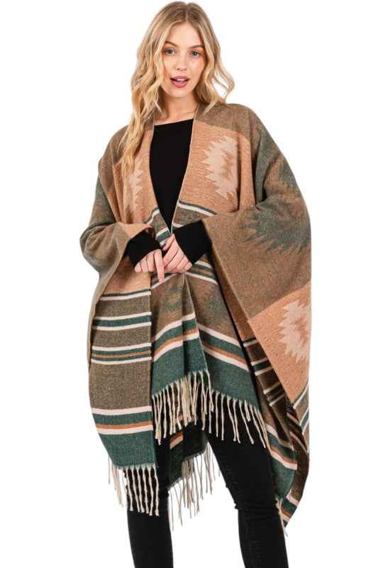 Aztec Pattern Fringe Ruana Cardigan Warp Scarf