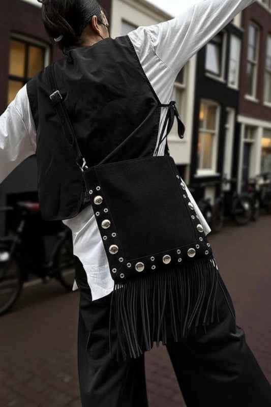Metal Studs Fringe Faux Suede Crossbody Bag