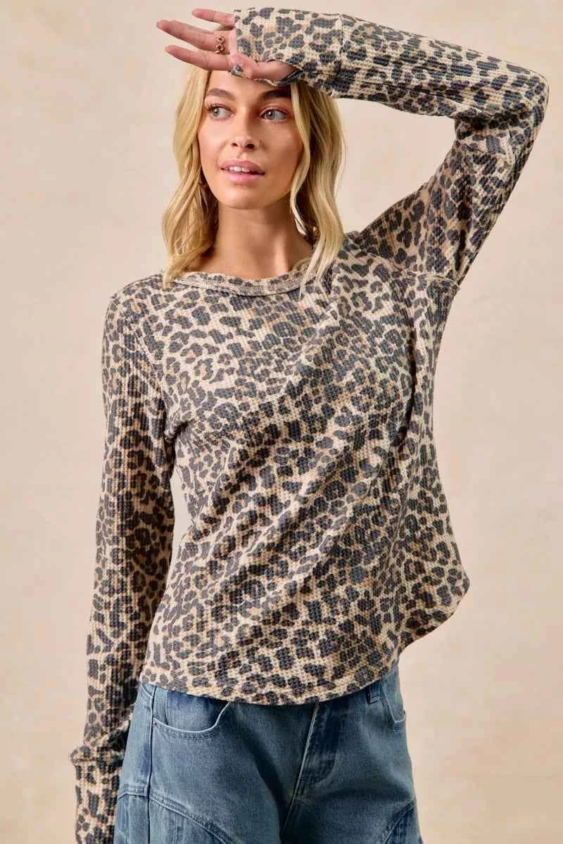 BiBi Leopard Print Washed Waffle Thermal Top with Thumb 24a8f594920544e4bd4d04520e111040-Max-Origin
