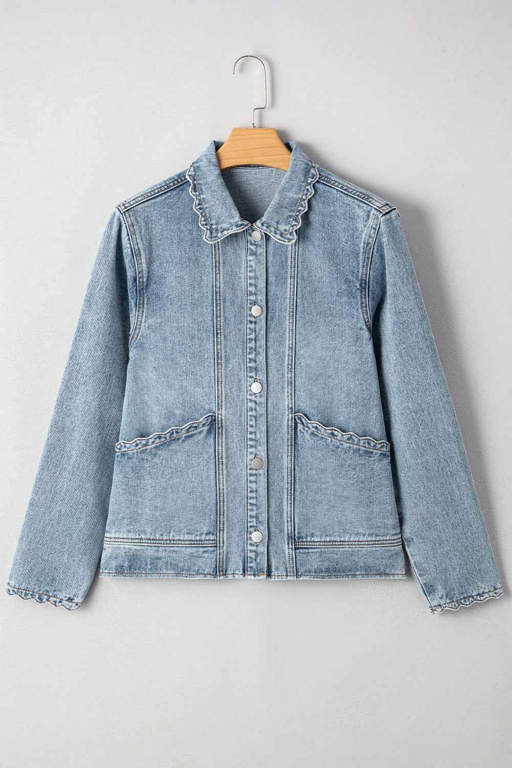 Myosotis Scallop Trim Collar Pocket Button Up Denim Jacket 24c446c8937add7d