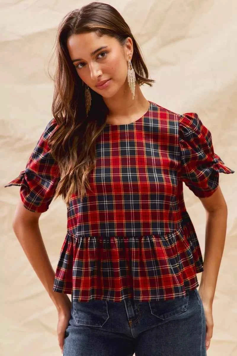 SO ME Christmas Holiday Plaid Ribbon Short Sleeves Top RED 24ff9076a7d64ab59bf7944379f2e884-Max-Origin