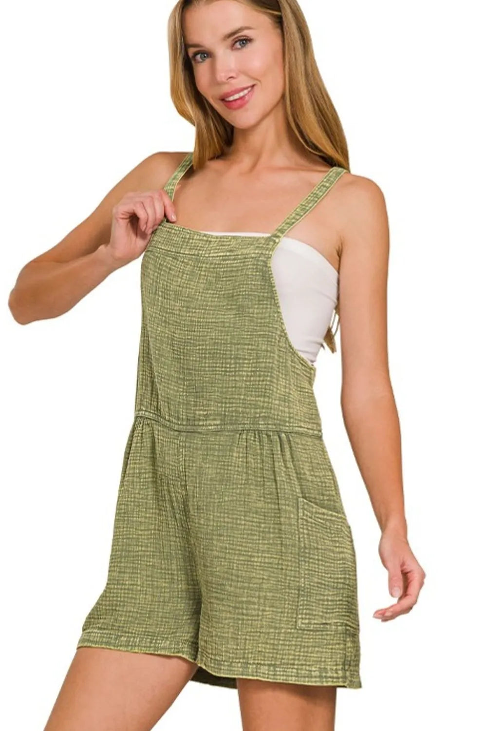 Zenana Washed Double Gauze Tie Back Rompers LT OLIVE 25438a2c-608f-4afb-bbfb-91ee9e0fc420-Max-Origin