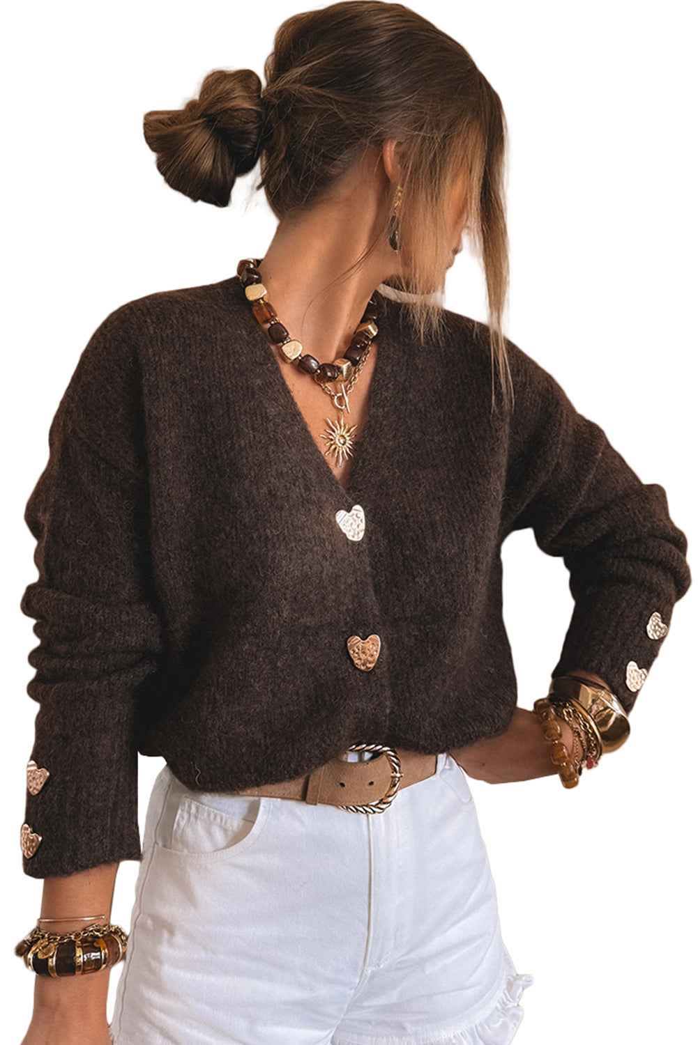 Chicory Coffee V Neck Metallic Heart Button Knit Cardigan 259e2e8bae971257
