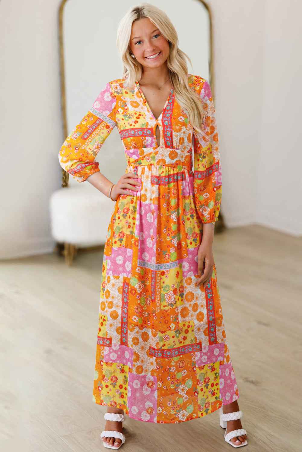 Orange Floral Patchwork Print Cut out Tied Back Bracelet Sleeve Maxi Dress 263039e4b6f3b3c5