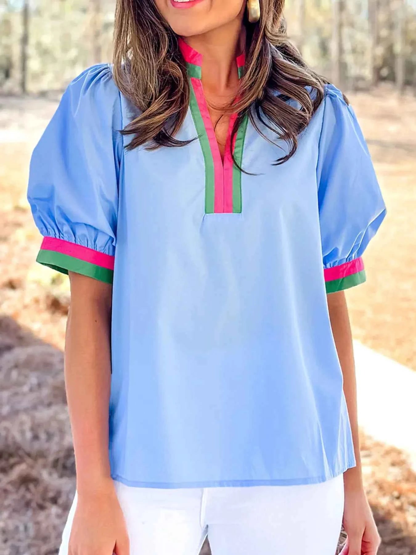 Contrast Trim Notched Short Sleeve Blouse Light Blue 263899f8b9a248b481ac4e83da2e4b4b-Max-Origin