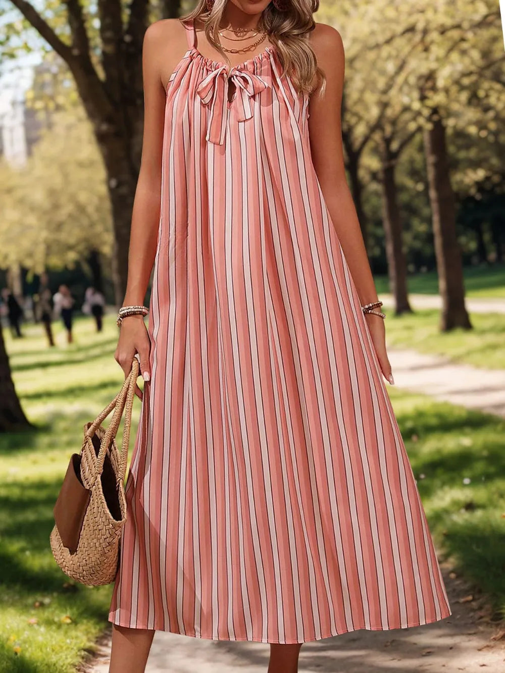 Perfee Striped Tie Neck Midi Cami Dress Burnt Coral 26e60b0b-9ddd-4af0-aec6-f356c307d58d-Max