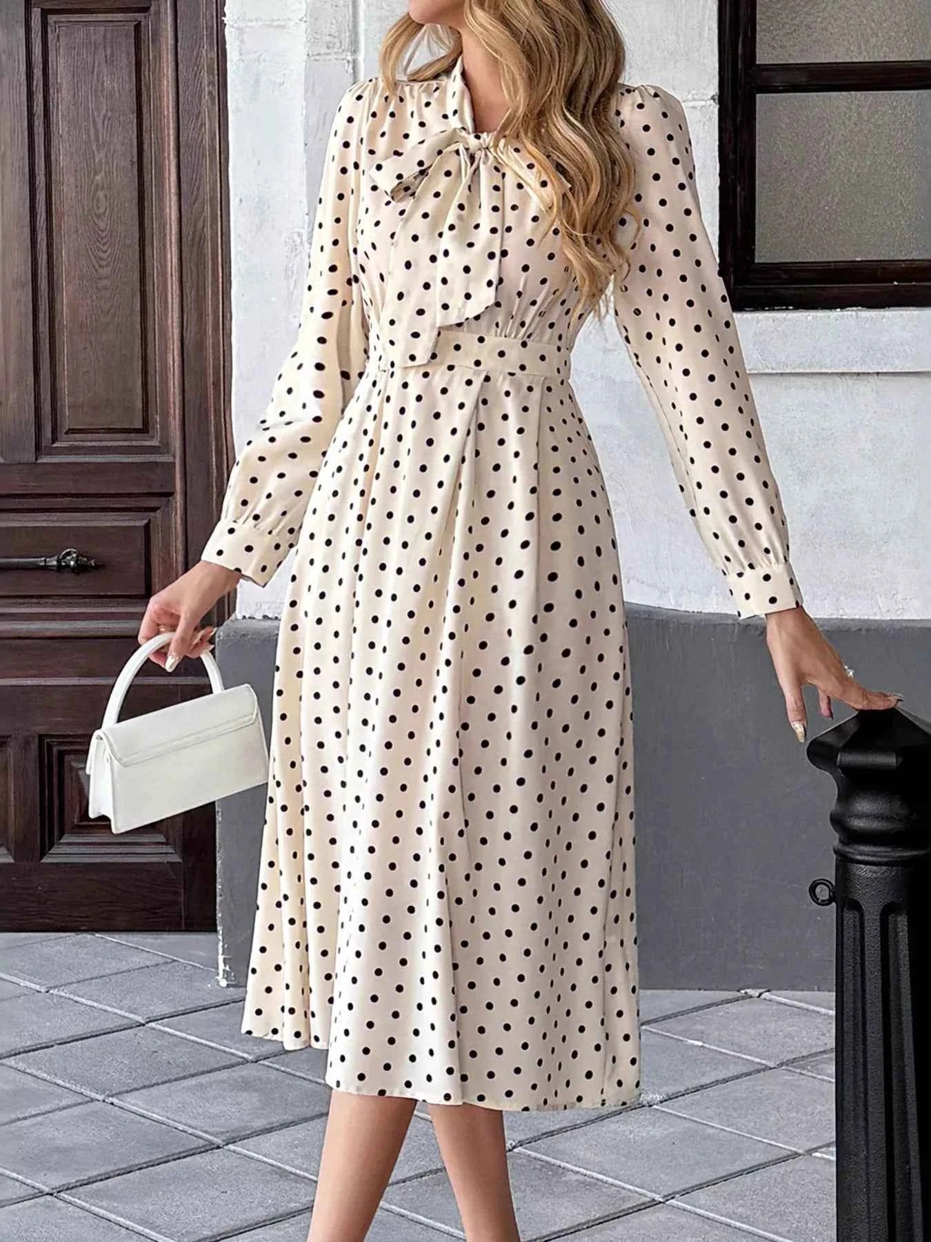Polka Dot Tie Front Long Sleeve Midi Dress 26f6600c8149488ca0b0bd9efecc0a47-Max-Origin