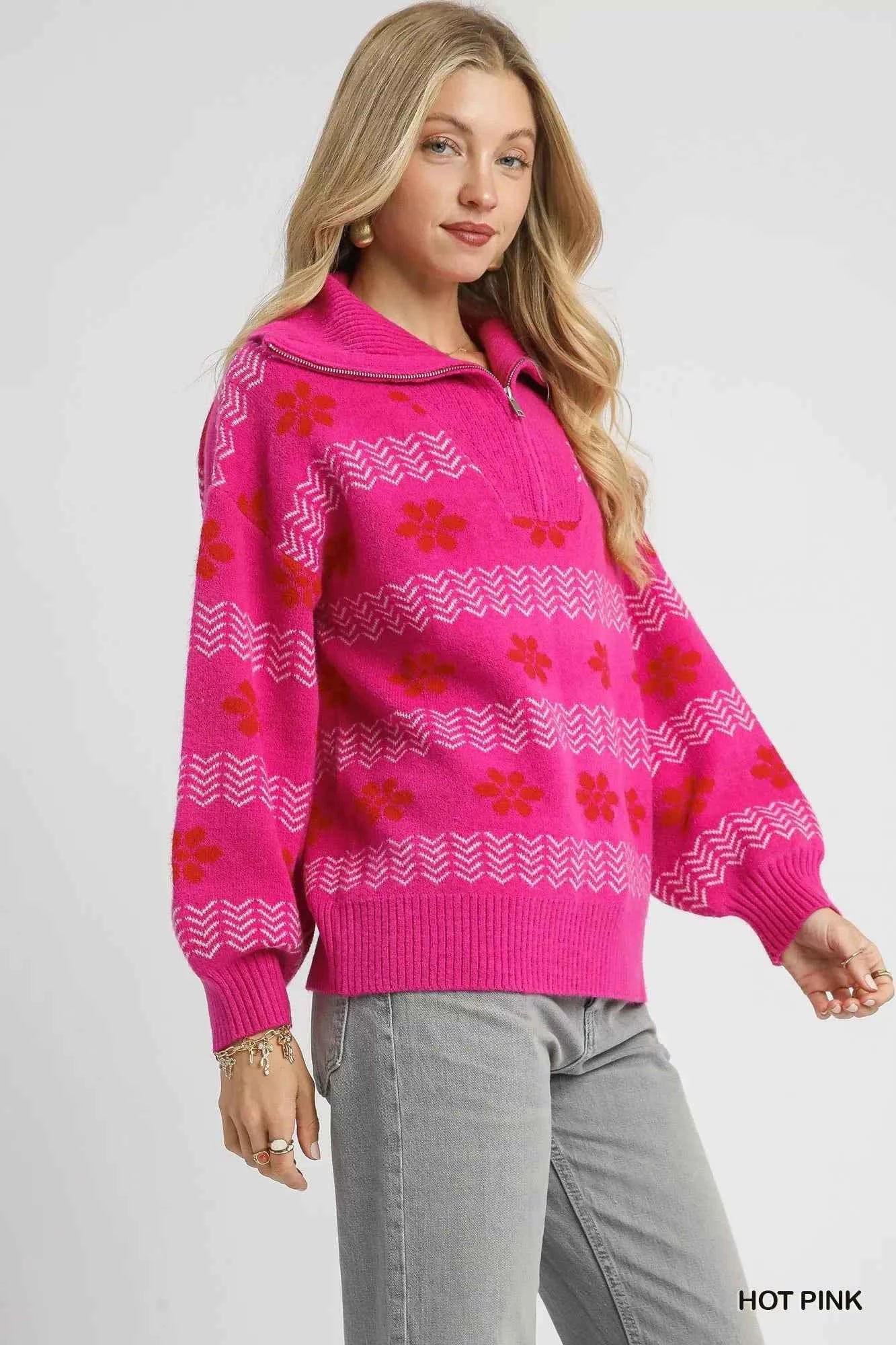 Umgee Floral Patterned Jacquard Quarter-Zip Pullover Sweater 274345af-46cb-4014-9f76-969a3eeedf17-Max-Origin