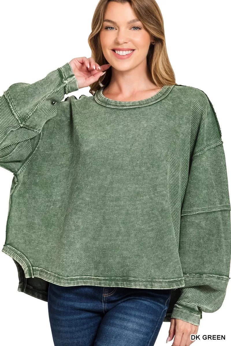Zenana Acid Washed Exposed-Seam Sweatshirt DK GREEN 2768c4fe28804d5bad714002d8396576-Max-Origin
