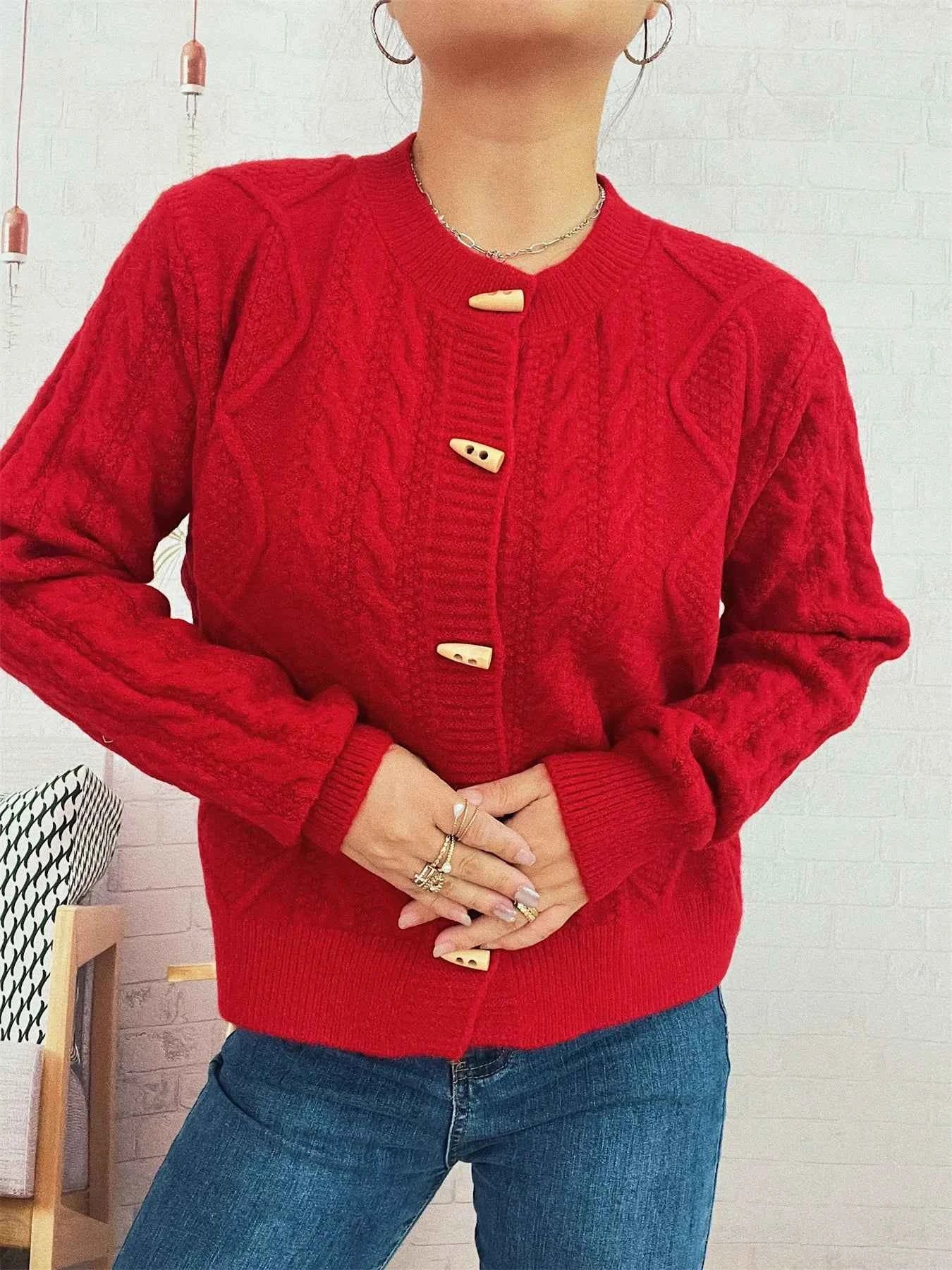 Cable Knit Button-Up Cardigan Red One Size 27729dbc30bc43cf9abb8689f93ca8d4-Max-Origin