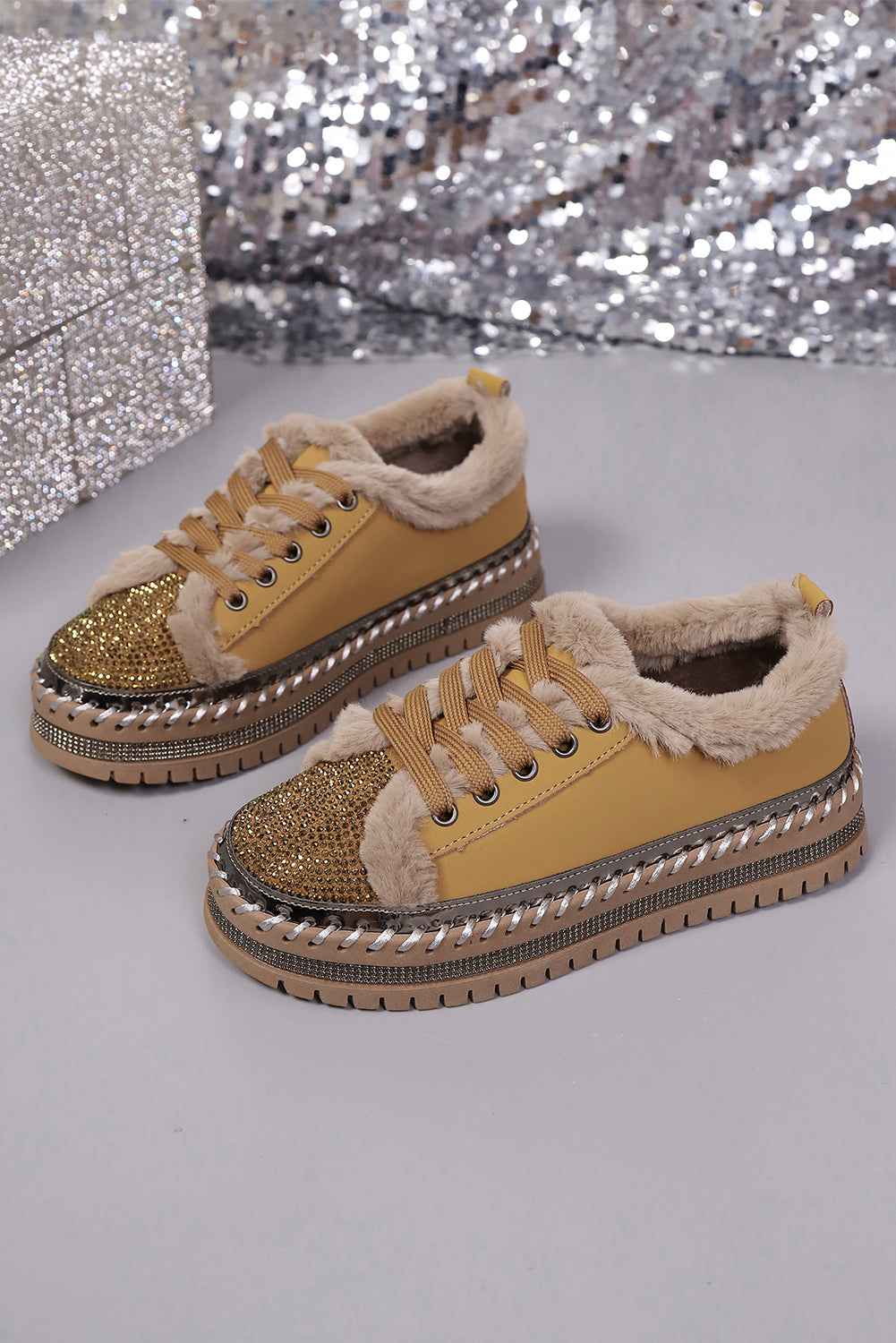 Thai Curry Fur Trimmed Patchwork Lace Up Platform Sneakers 277ac6db56968bf4