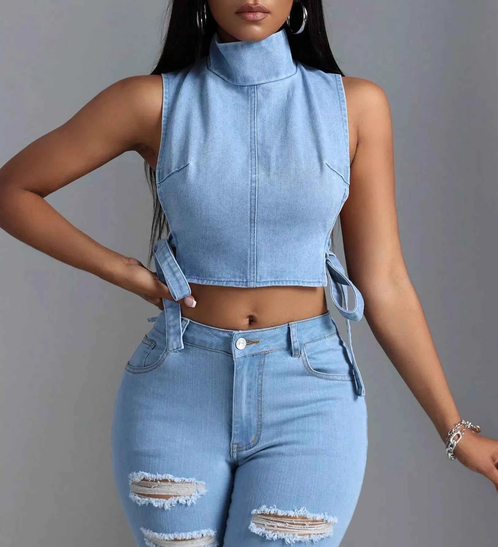 Sleeveless Cropped Denim Turtleneck Top with Side Tie Details 27b0ea3cc04f43e595d6b76957b7845c-Max-Origin