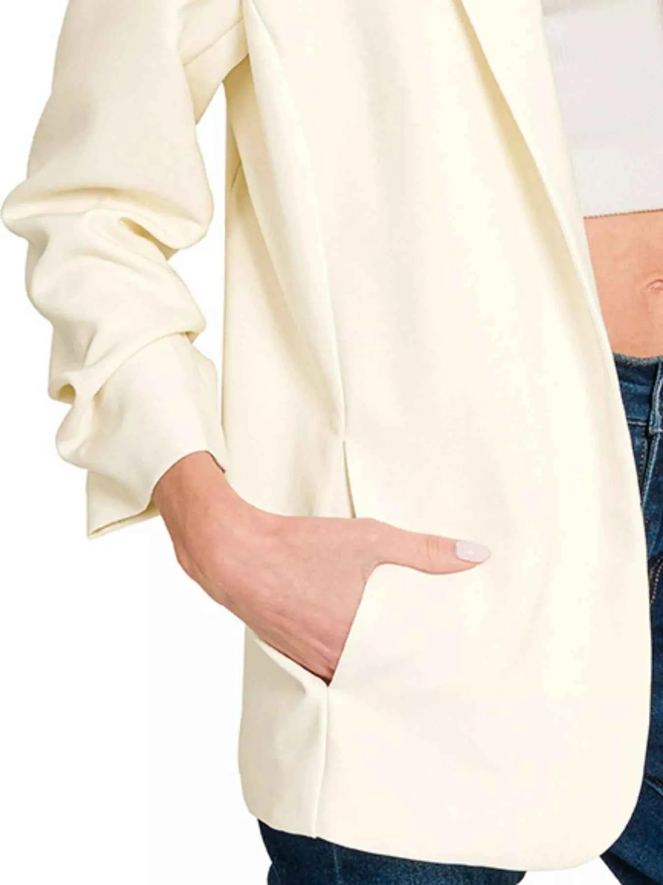 Zenana Woven 3/4 Ruched Sleeve Open Front Classic Blazer 27c88c2e-b6d4-4200-9357-55bd4b26e85d-Max-Origin
