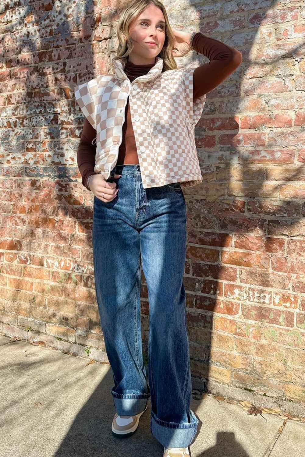 Khaki Plaid Stand Neck Button Down Vest 27d2db4abc446056