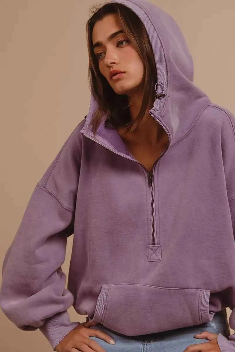 BiBi Stitch Detailed Elastic Hem Half Zip Fleece Hoodie 27f45b59-fbad-41e6-be10-35bd2a50e43c-Max-Origin