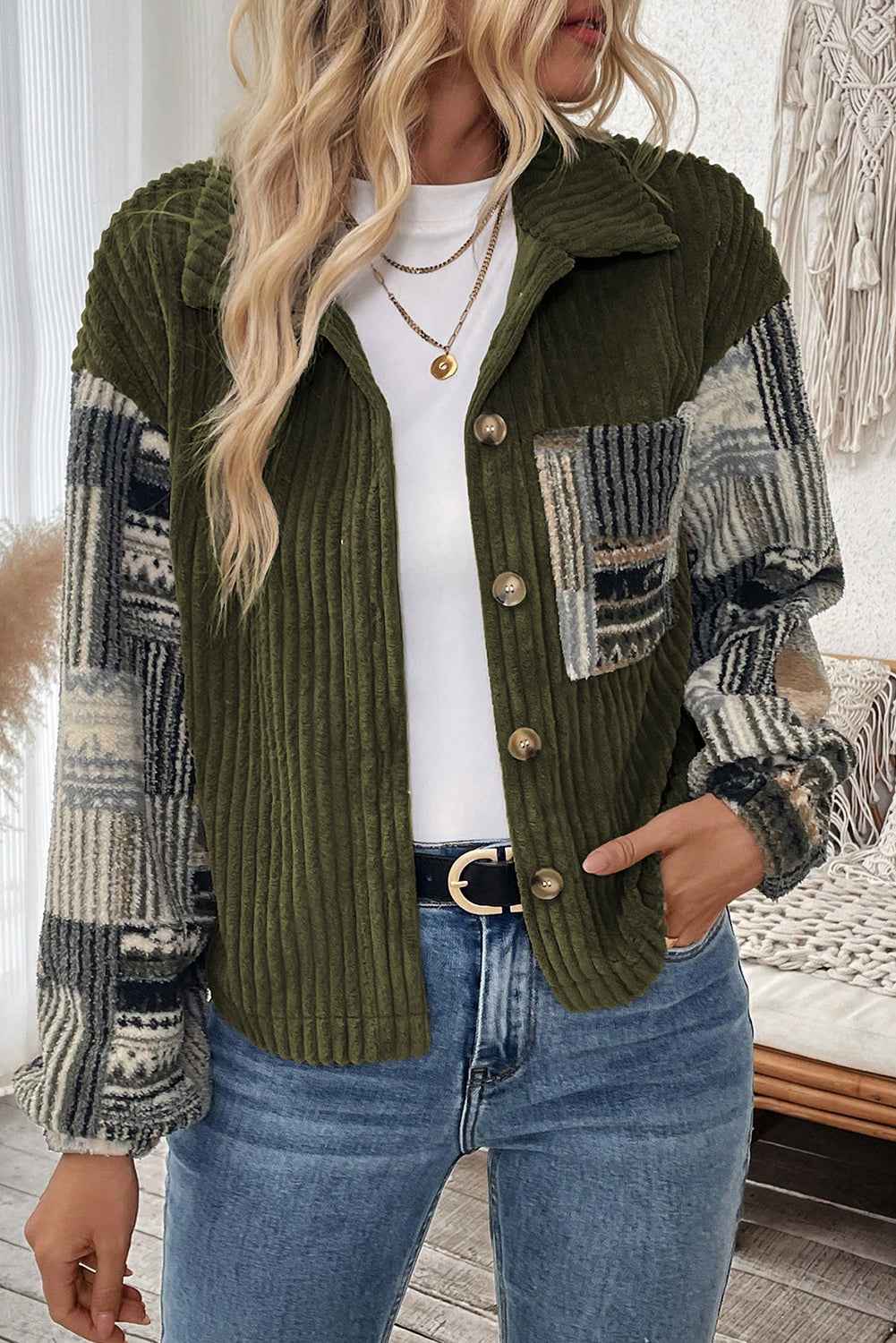 Jungle Green Ribbed Fleece Plaid Print Patchwork Button Up Jacket 284563cfdd0134c9