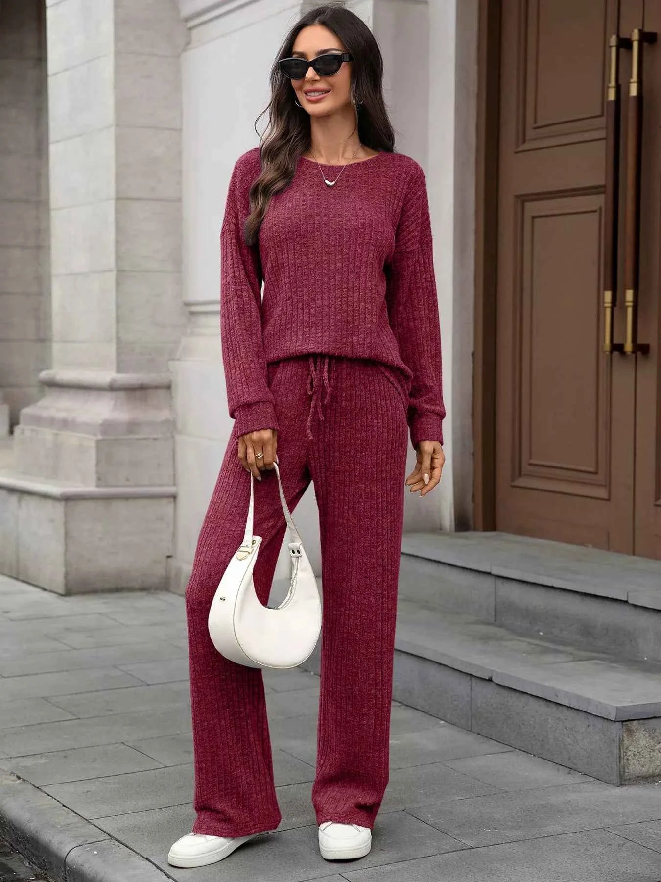 Ribbed Round Neck Top and Pants Set Burgundy 28667dbc9e6a40c1a26ca30b3bbbb817-Max-Origin