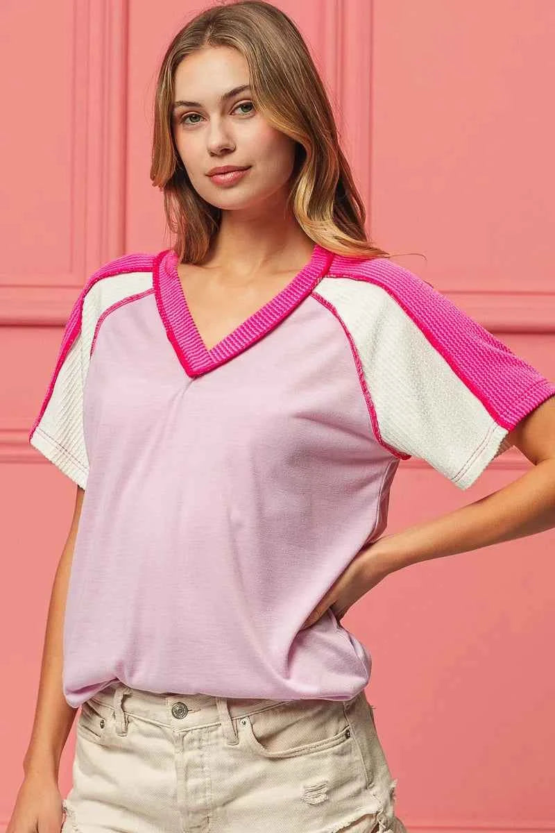BiBi Cord Rib Combo V Neck Jersey Knit Top 288033390717434a9b912ed250bed299-Max-Origin