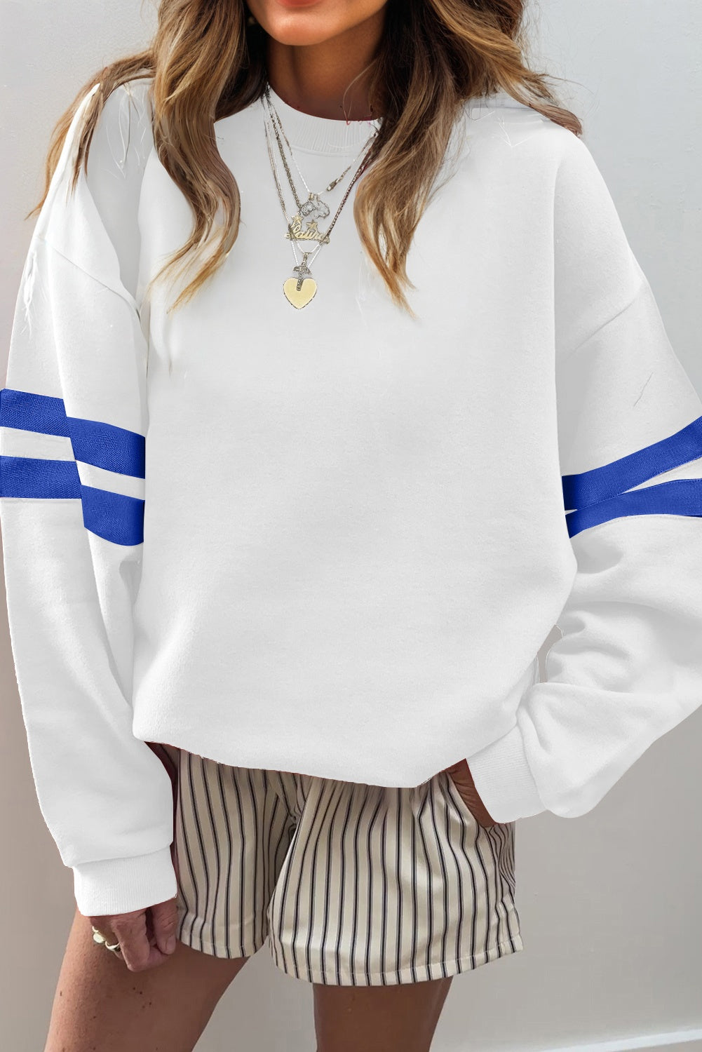 White Preppy Striped Sleeve Loose Sweatshirt 28812853d8046c0b