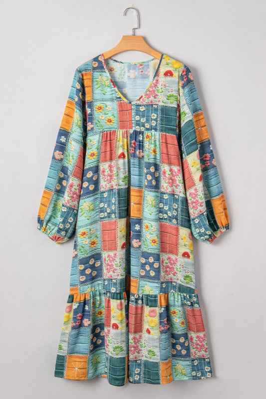 Floral Patchwork Long Sleeve Ruffle Hem Midi Dress 2890309c-53df-458b-9b62-f97087c904ad