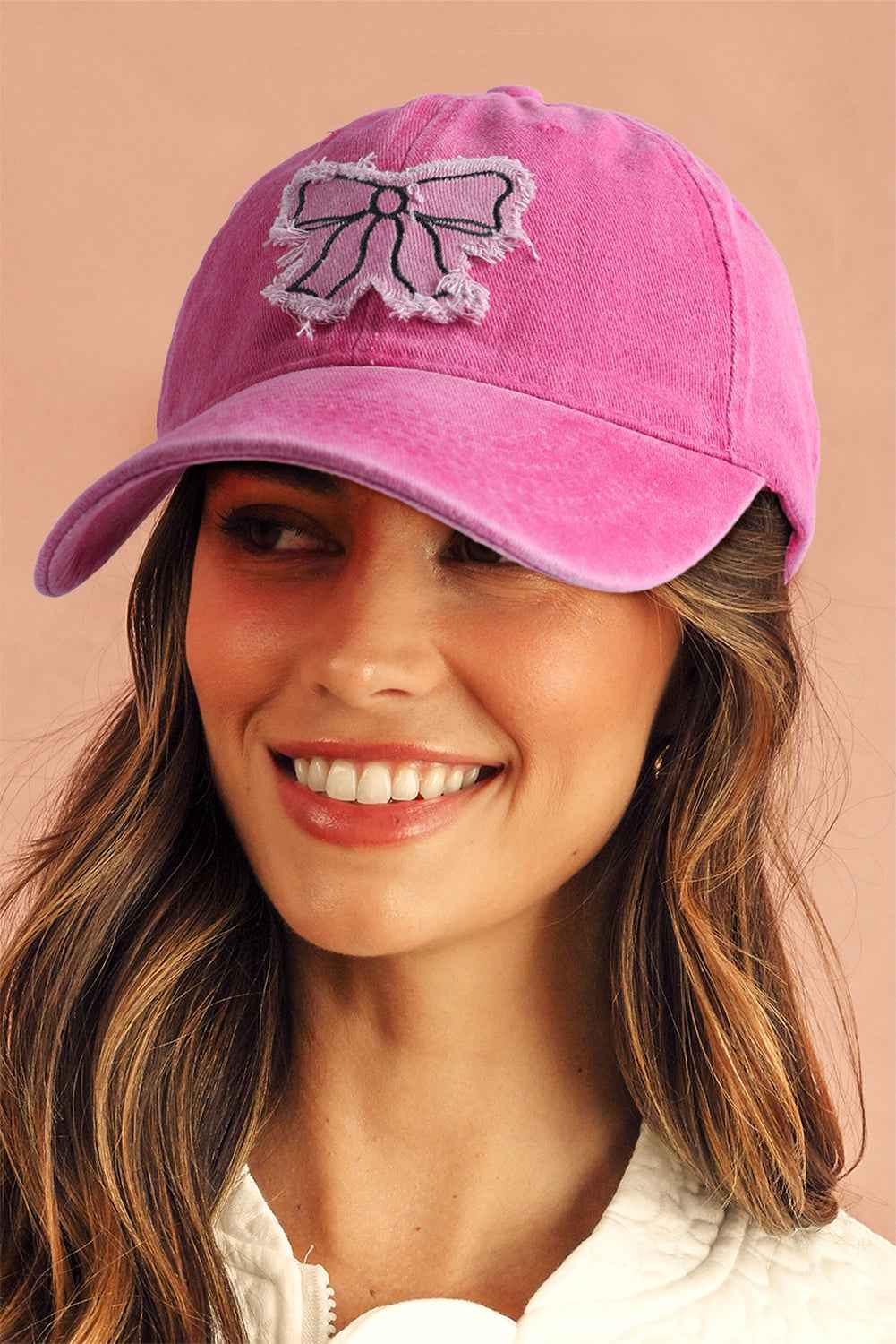 Rose Red Distressed Bow Patched Baseball Cap Rose Red ONE SIZE cloth 28e3ed7a6880f316