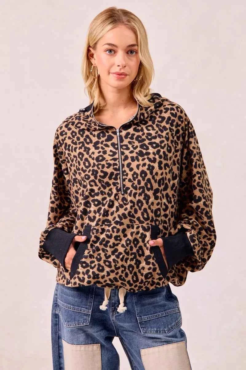 BiBi Leopard Print Waffle Half Zip Up Hoodie W Pocket LEOPARD 28ed1896996347919607189777f32002-Max-Origin