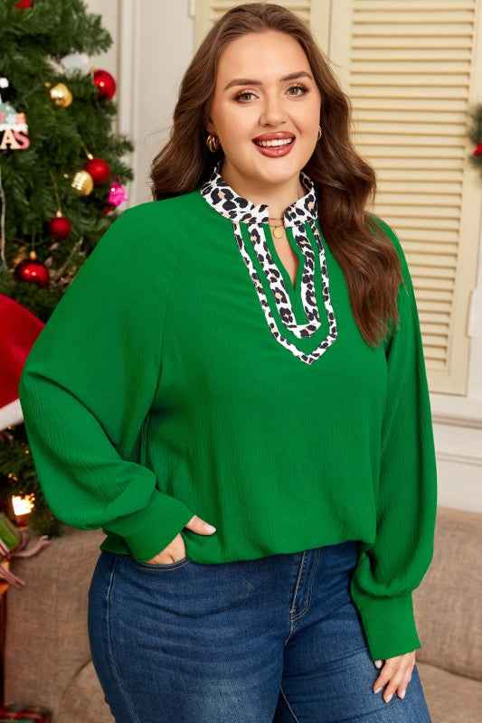 Plus Size Leopard Contrast Trim Puff Sleeve Blouse 2915ae0c-eccd-4e52-9e7e-f69e405b6d2b