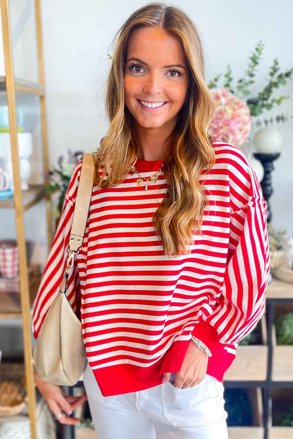 Red Striped Exposed Seam Drop Shoulder Long Sleeve Top 29238b48b9f23bd4