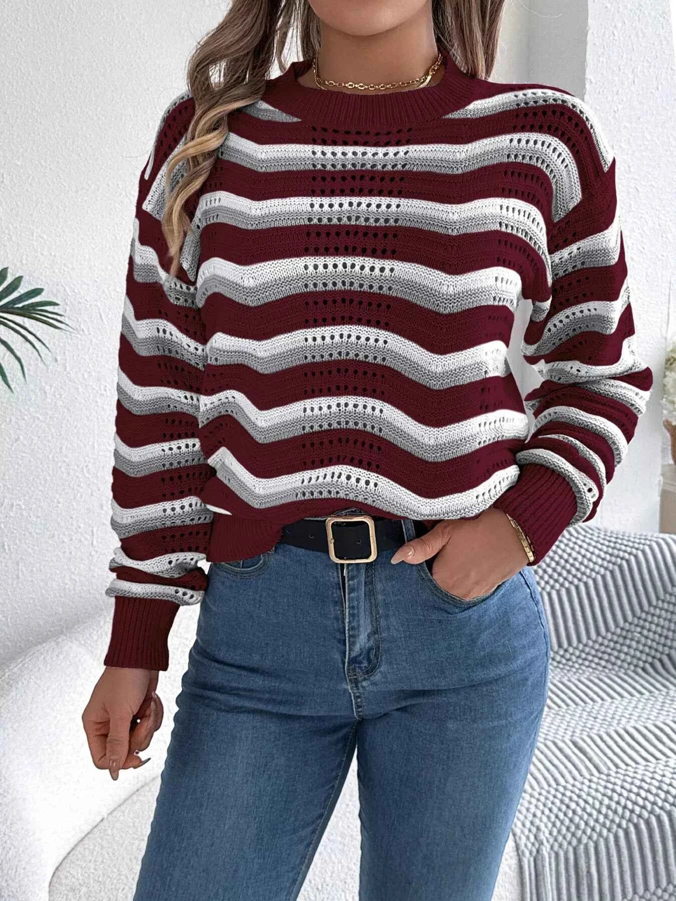 Striped Round Neck Long Sleeve Sweater 29d845d421c041f29bf9d97bc95c25bb-Max-Origin