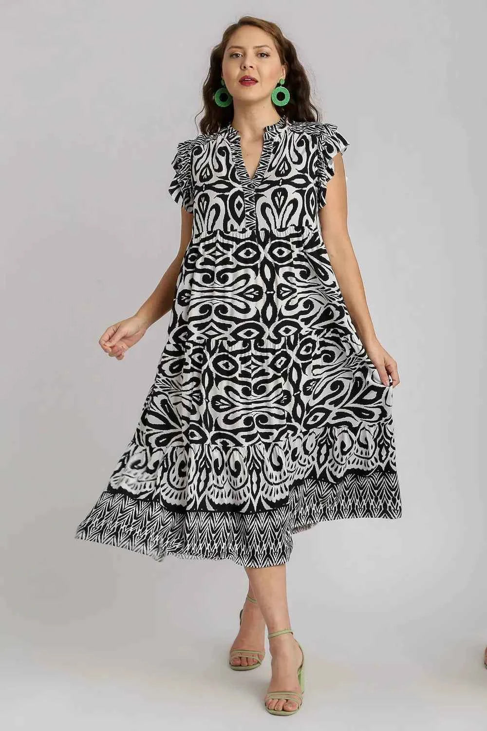 Umgee Full Size Two Tone Border Print Ruffle Cap Sleeve Midi Dress Plus Size 2a7b721d-19a0-430c-b211-f098017f81fd-Max