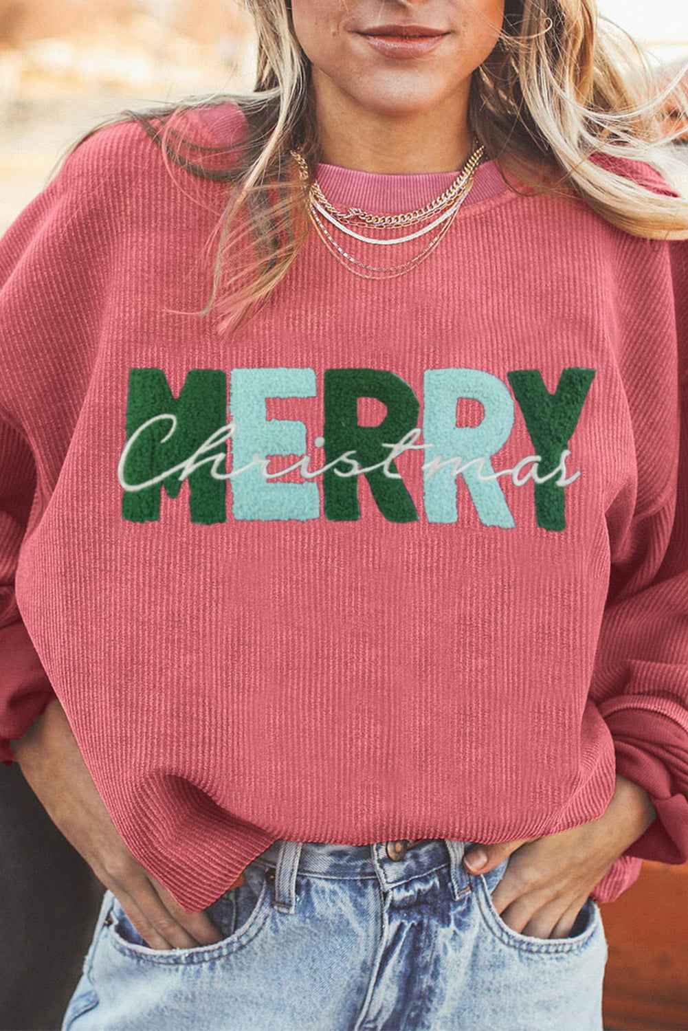 Racing Red Corded MERRY Christmas Letter Terry Flocking Sweatshirt Strawberry Pink 100%Polyester 2abee204111316af