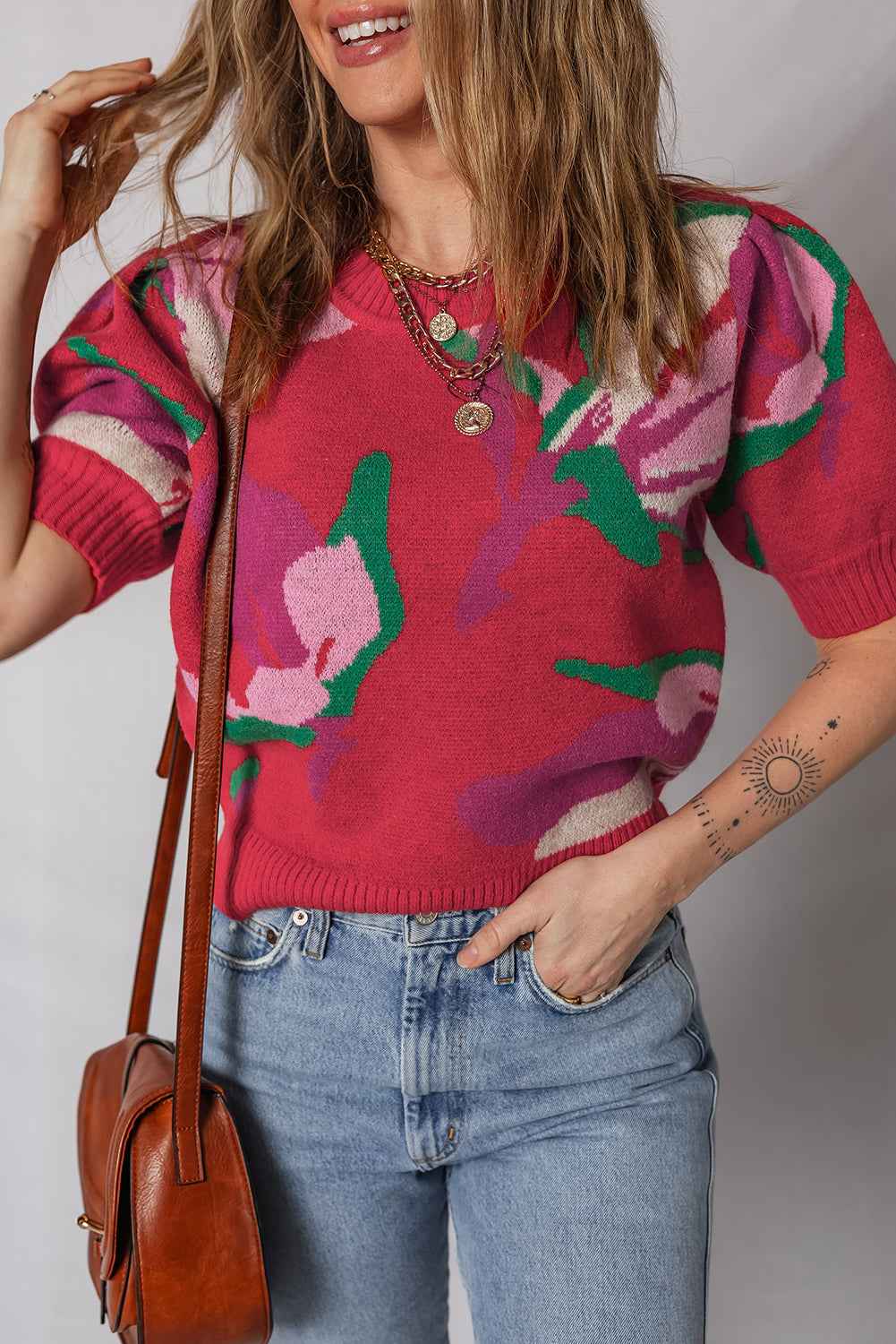 Red Floral Abstract Print Short Puff Sleeve Sweater 2af11ac1c9a79bd9