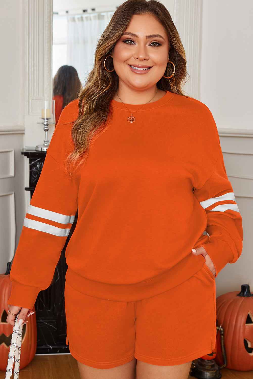 Orange Plus Size Varsity Striped Sleeve Sweatshirt and Shorts Set 2b1d163031eb1a57