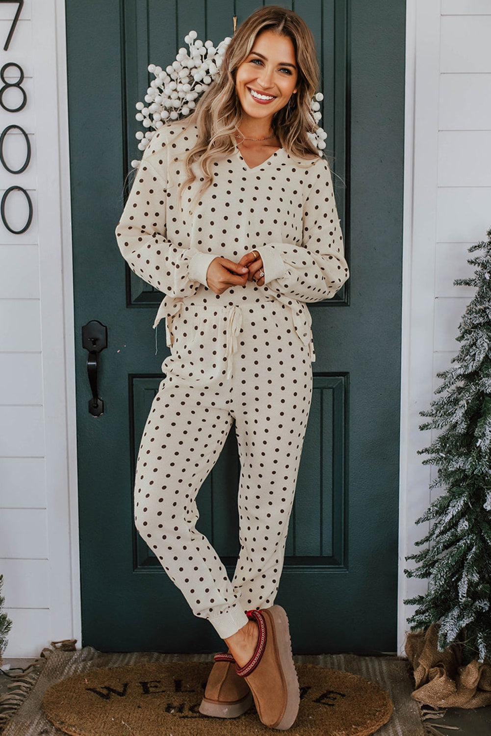 White Polka Dot Print Pullover Drawstring Jogger Pants Pajama Set 2b37cc2ff6ba66f1