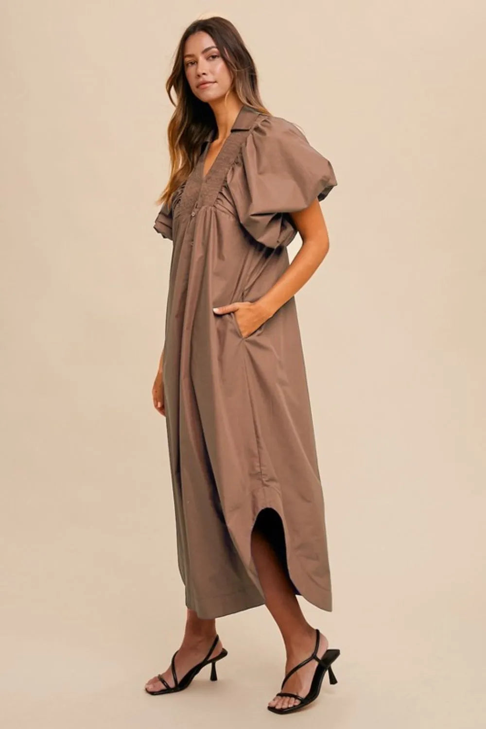 Annie Wear Smocked Puff Sleeve Midi Dress Coffee Brown 2b57079a-fbf6-4213-9378-1f47f76f7ffa-Max
