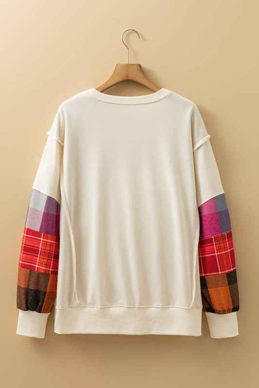 Plaid Patchwork Long Sleeve Exposed Seam Top 2bb026f1-e9bc-4871-b059-570e5b5a6ba4
