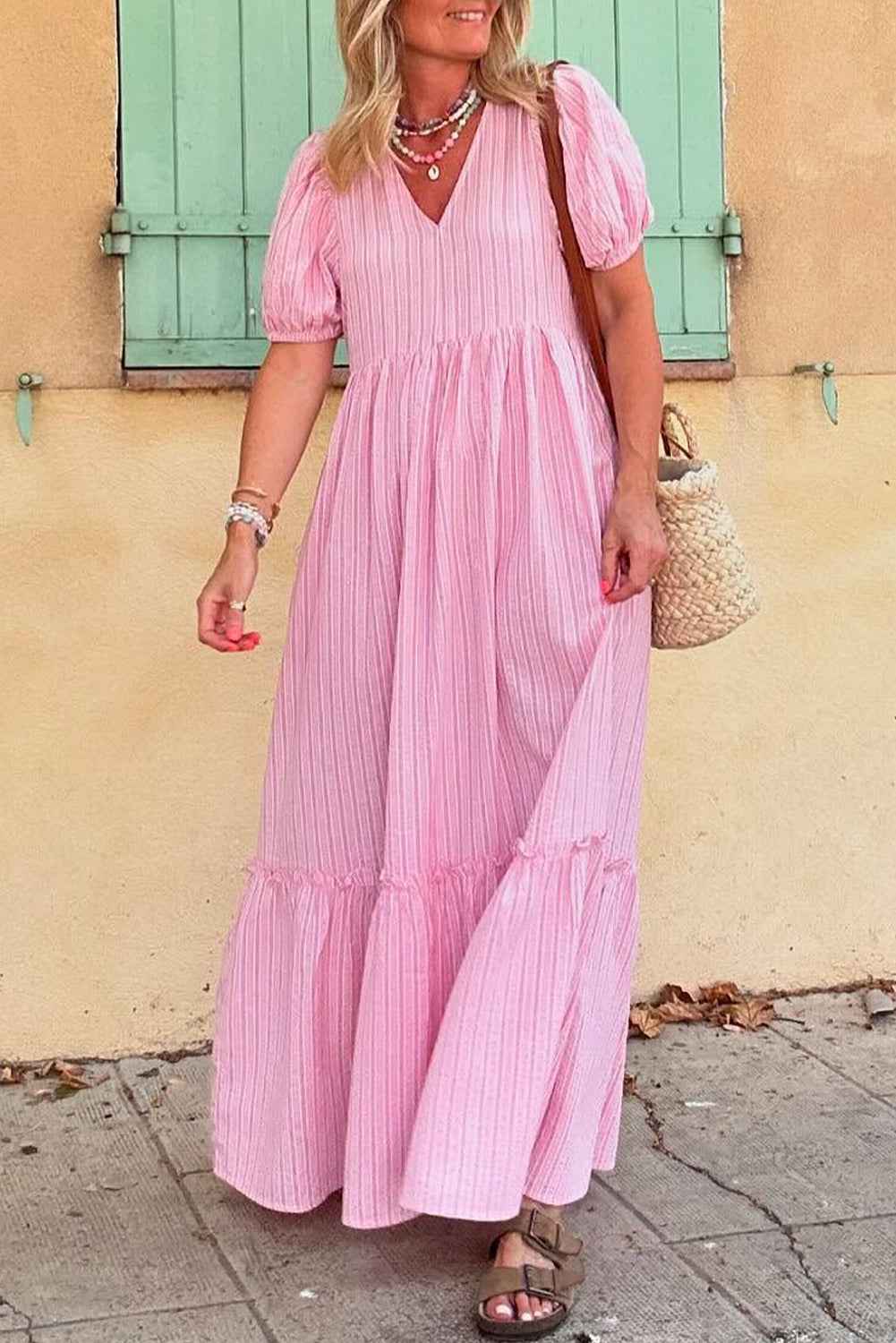 Pink Striped V Neck Puff Sleeve Frill Tiered Maxi Dress Pink Stripe 2bc7384ab3c3a5ea