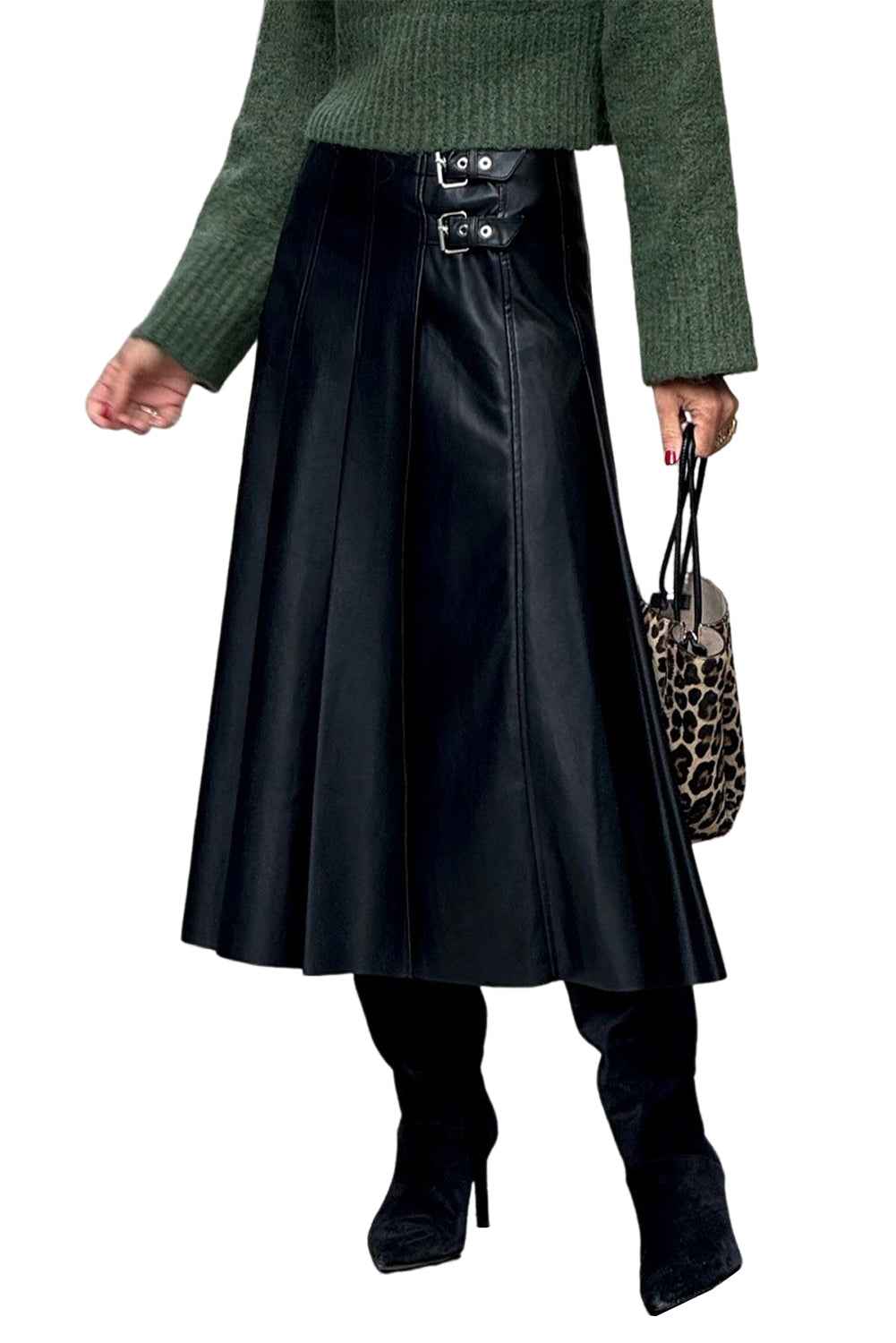 Black Faux Leather Retro Buckle Detail Pleated Stitch Flared Midi Skirt 2bd7300692fbed62
