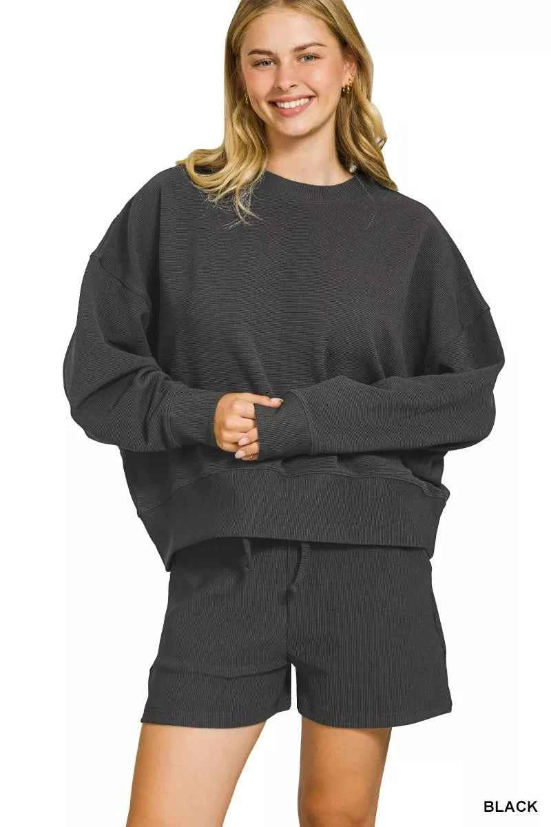Zenana Ribbed Round Neck Pullover and Shorts Set BLACK 2c046f2fe39748b68e1964d46808a70c-Max-Origin
