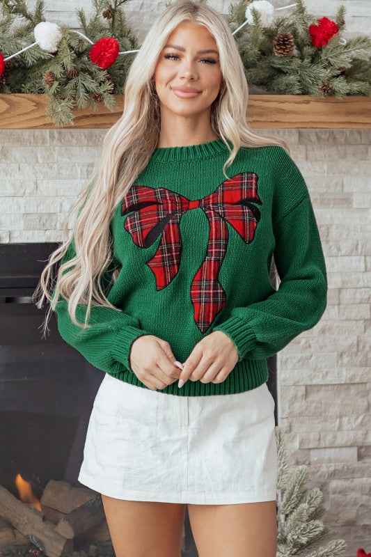 Plaid Bow Drop Shoulder Christmas Sweater