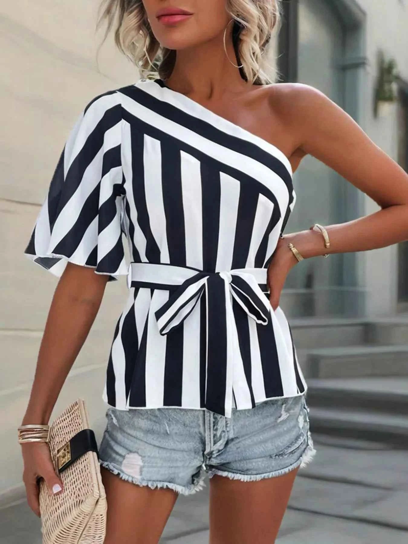One Shoulder Striped Blouse with Belt 2c45fa5a9e4a4ce68652fef4c5f475c4-Max-Origin