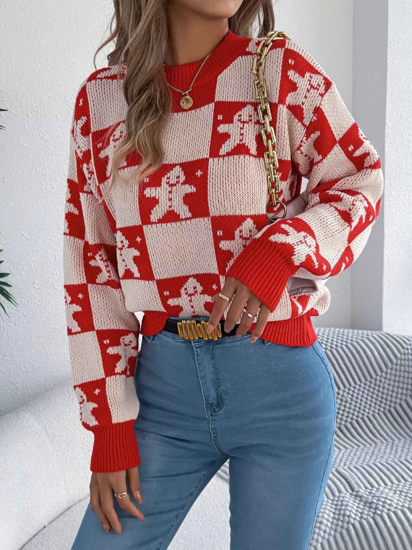 Christmas Checkerboard Gingerbread Round Neck Sweater 2c55d797-6211-4506-b589-a0a4550989d5-Max-Origin