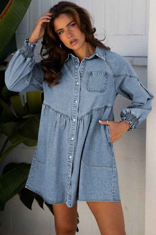 Denim Smocked Cuffs Shirt Mini Dress 2ce29341-4b60-4a2b-bdc2-42ab0f4682f7