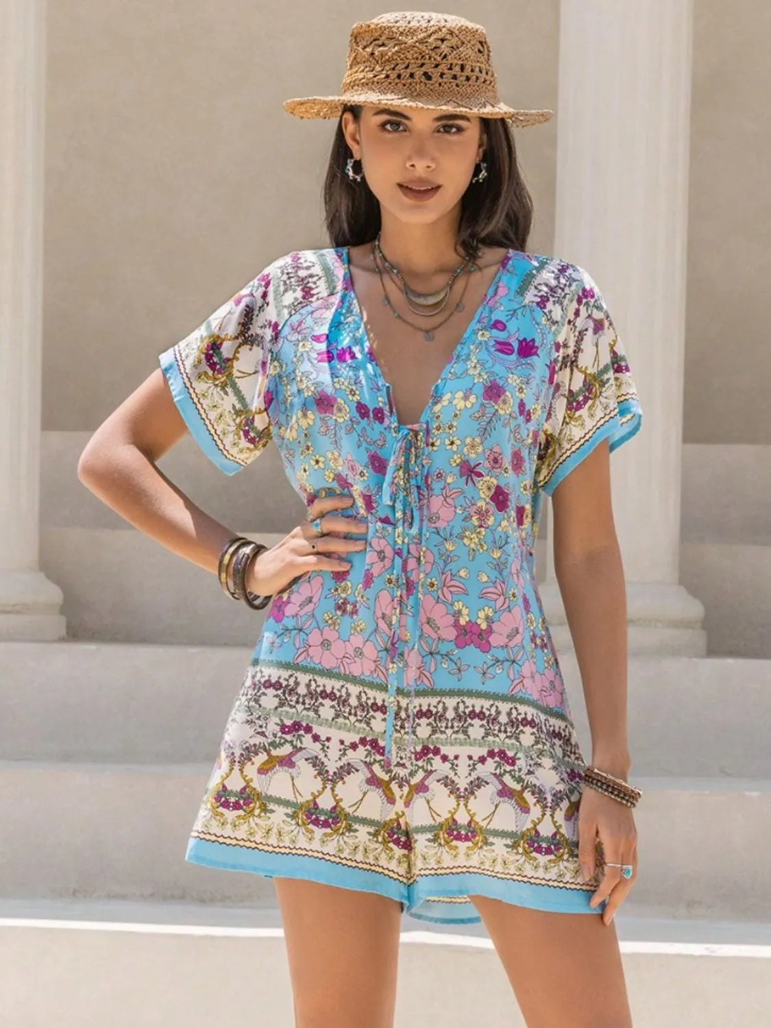 Tied Front Printed Short Sleeve Romper 2d12763c-1c20-4f22-8ec9-ce10fc30f62b-Max-Origin